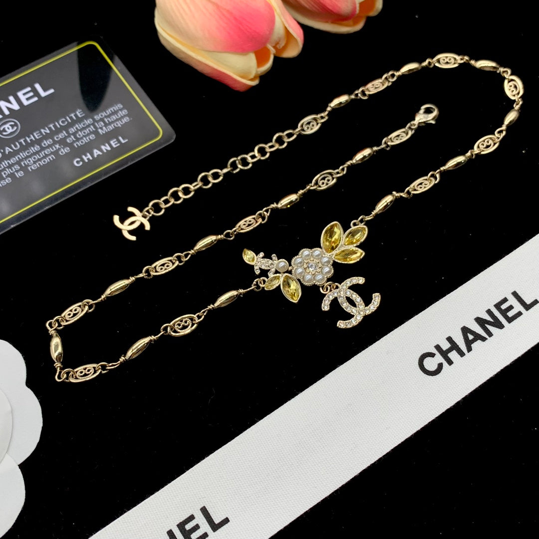 Pearl Floral Cluster & Citrine Leaf Charm Station Chain Necklace & Bracelet Set
