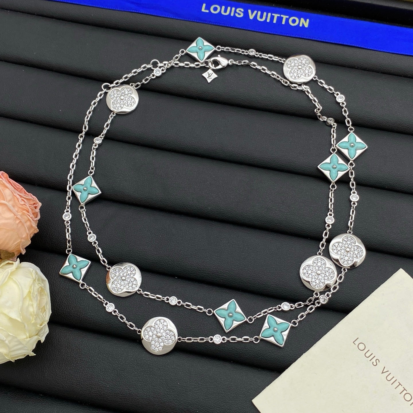 Turquoise Enamel Four-Petal & Pavé Coin Double Layer Long Station Necklace