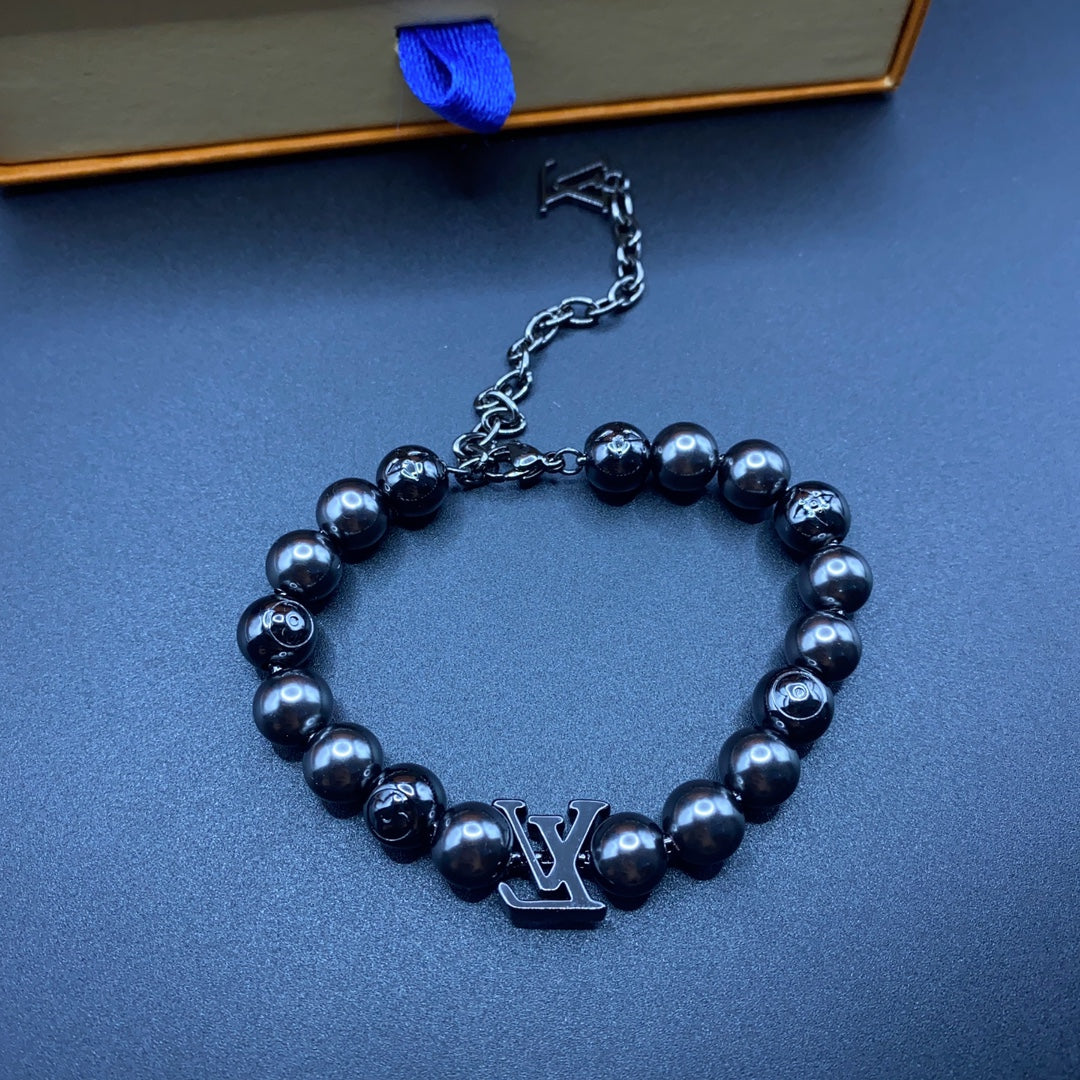 Black Onyx Bead Monogram Necklace & Bracelet Set