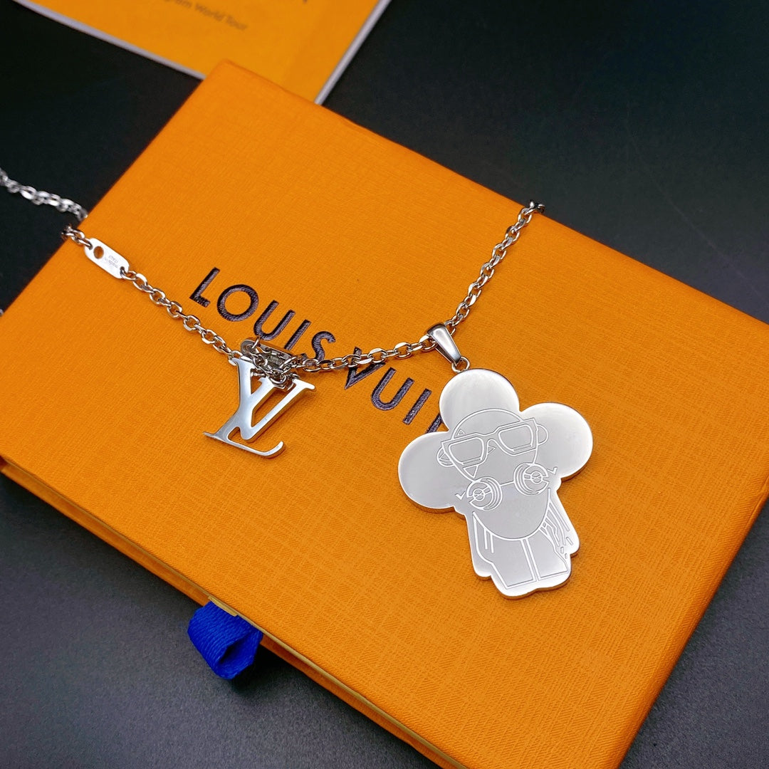 Vivienne Doll Figure Engraved Charm Necklace – Iridescent / Silver