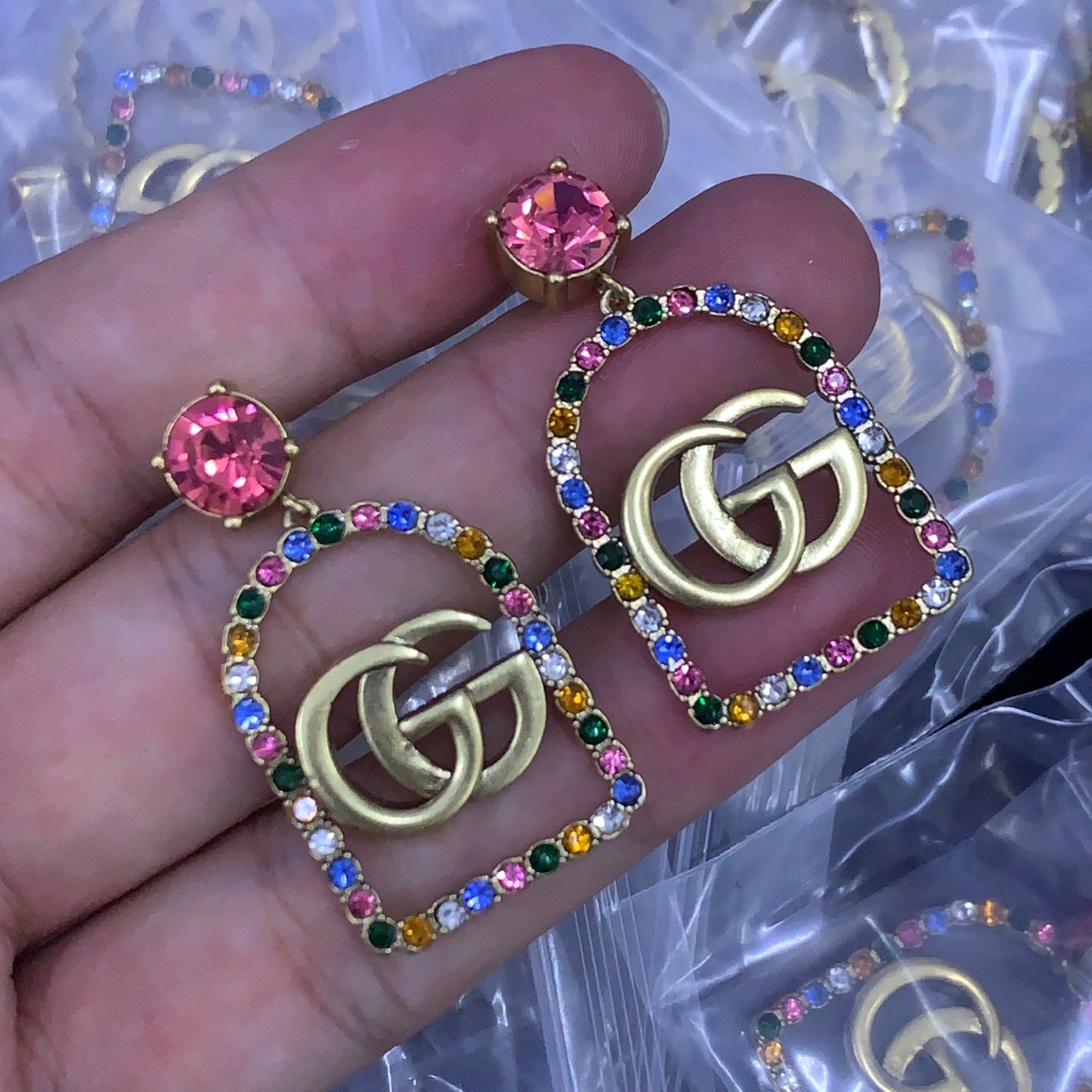 Rainbow Crystal Double Ring Square Pendant Jewelry Set