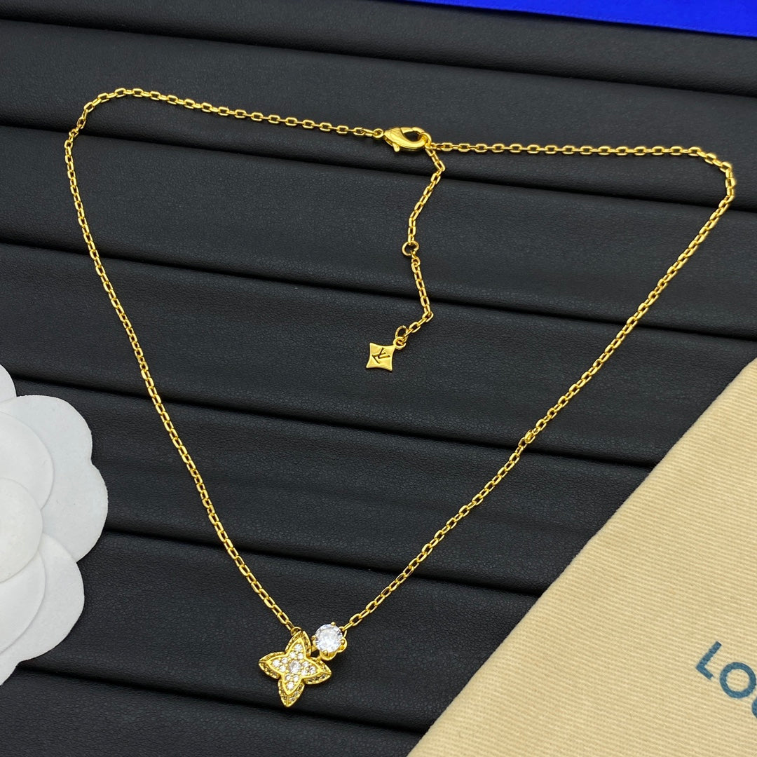Dainty Pavé Four-Petal Flower & CZ Drop Pendant Necklace