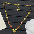 Mixed CZ Pear & Round Colorful Stone Station Necklace
