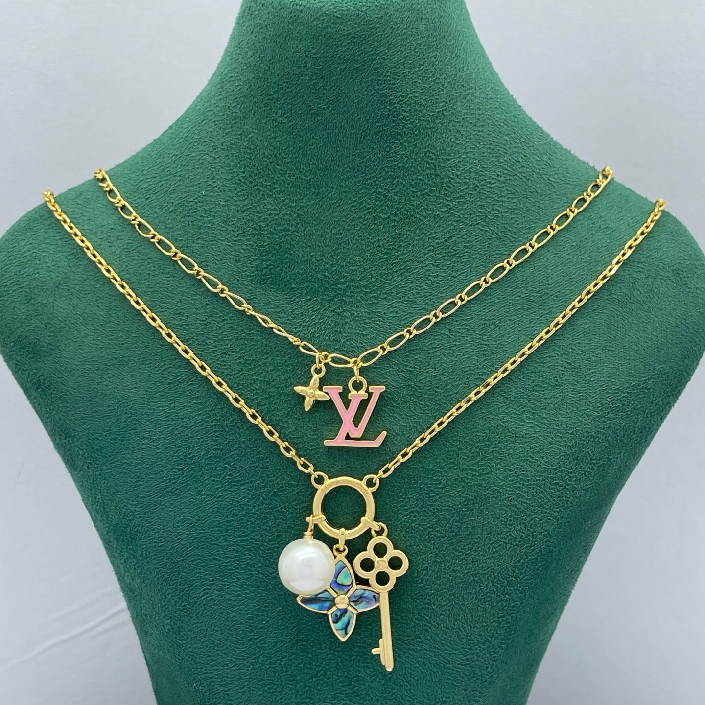 Abalone Butterfly Floral Key Charm Necklace with Pearl Accent