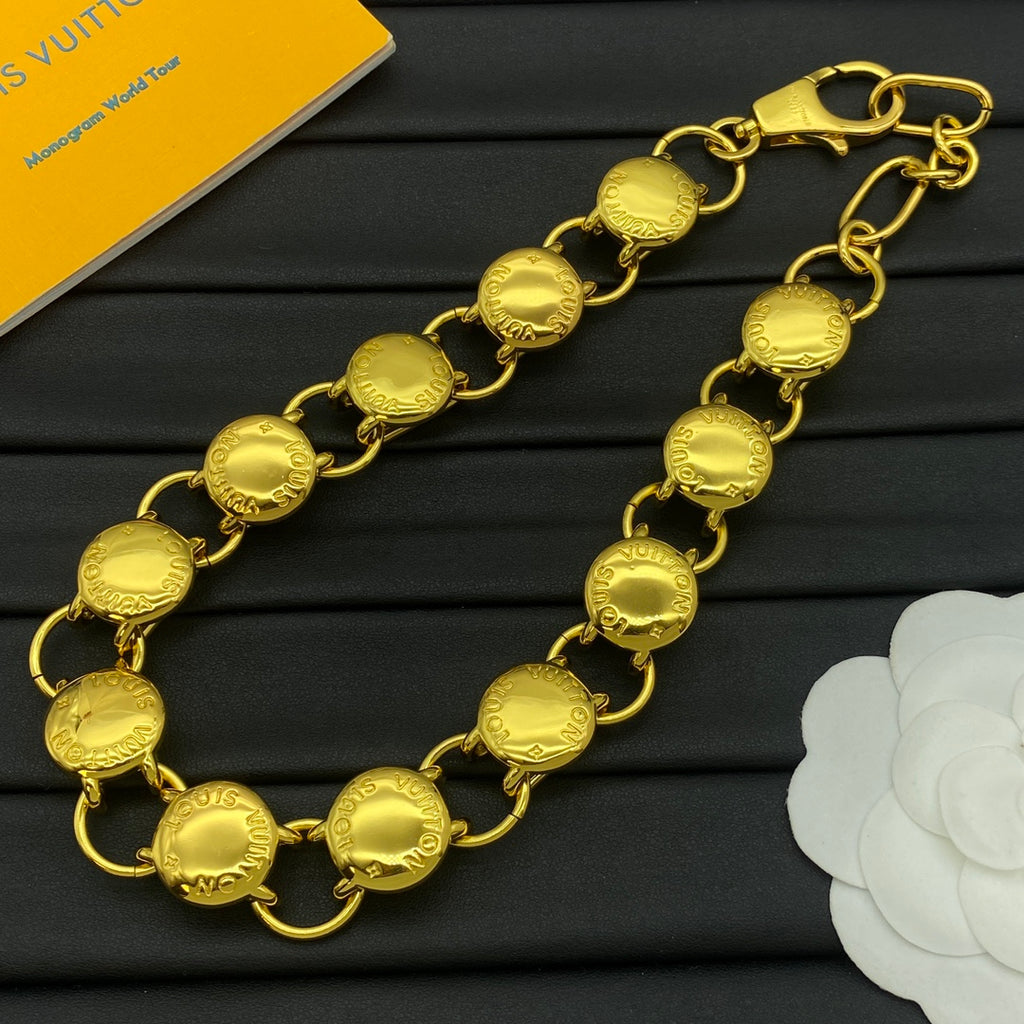 Engraved Coin Disc & Round Link Chain Necklace & Bracelet Set