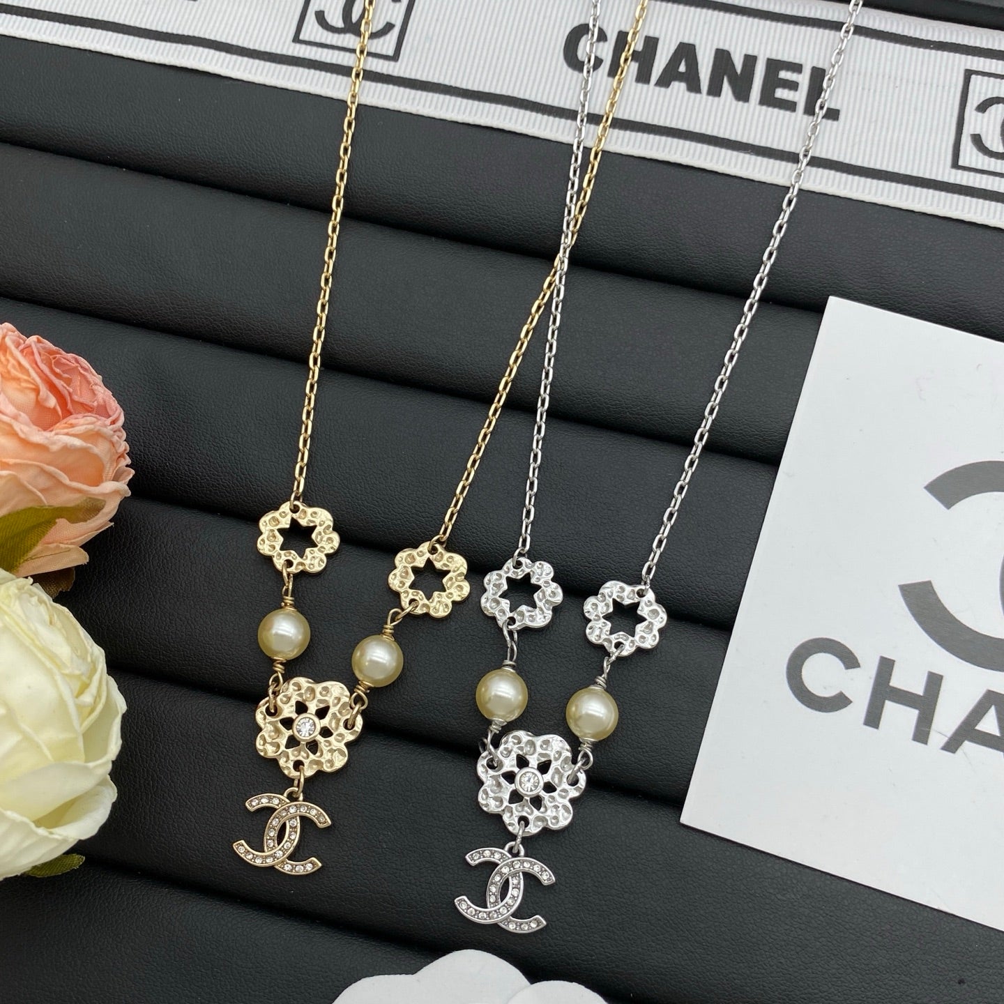 Floral Star & Pearl Drop Pendant Necklace with Crystal Charm – Gold & Silver