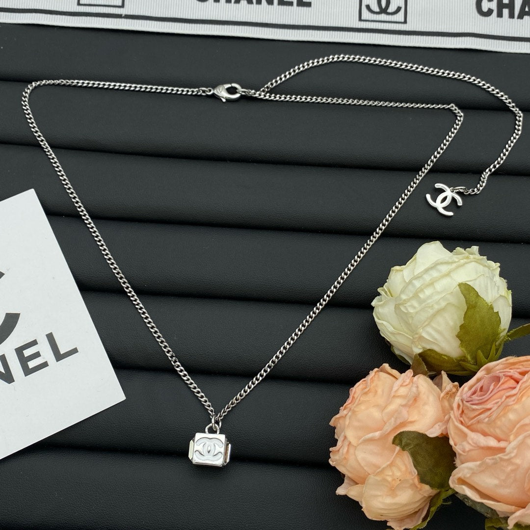 CC Logo Cube Pendant Curb Chain Necklace