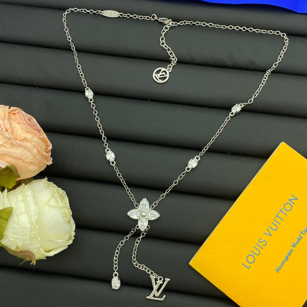 Marquise Crystal Four-Petal Flower Lariat Y-Drop Necklace