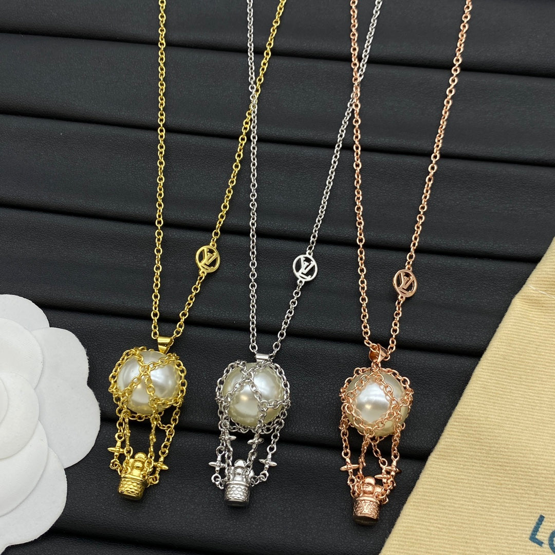 Pearl Hot Air Balloon Chain Cage Pendant Necklace