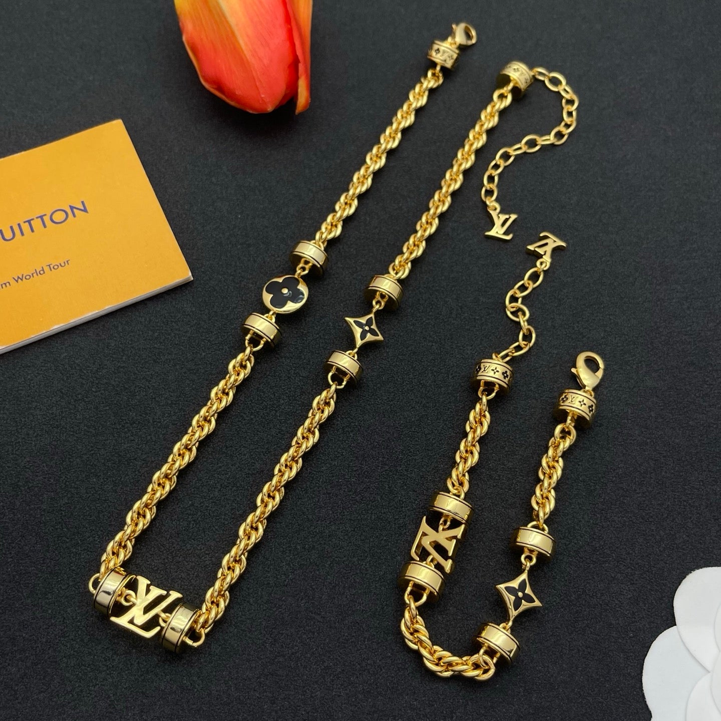 Rope Chain Logo Charm Necklace & Bracelet Set