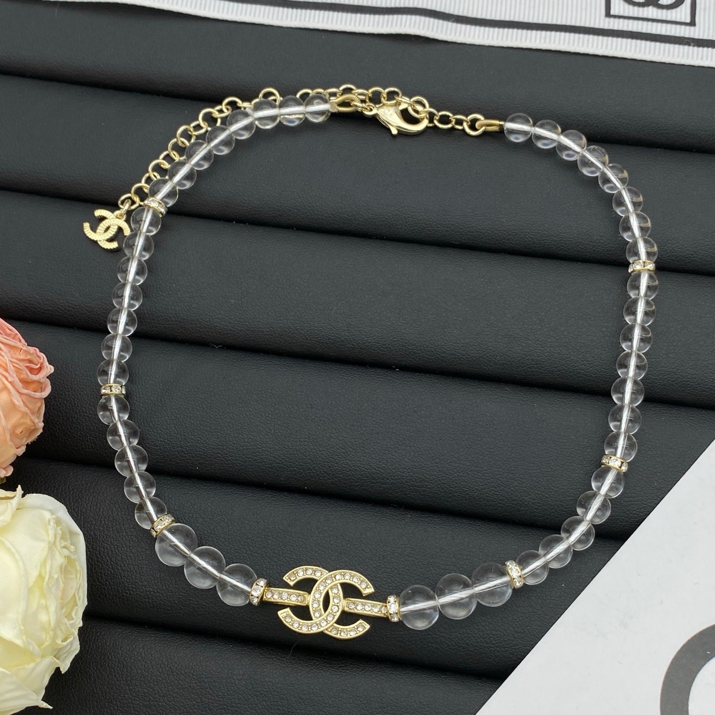 Crystal CC Charm Pearl & Clear Bead Choker Necklace