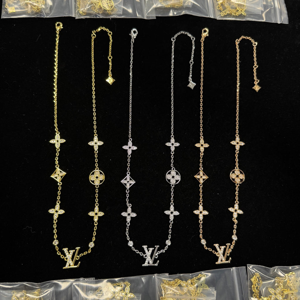 Rhinestone Monogram Clover Station & Logo Initial Charm Necklace & Bracelet Set