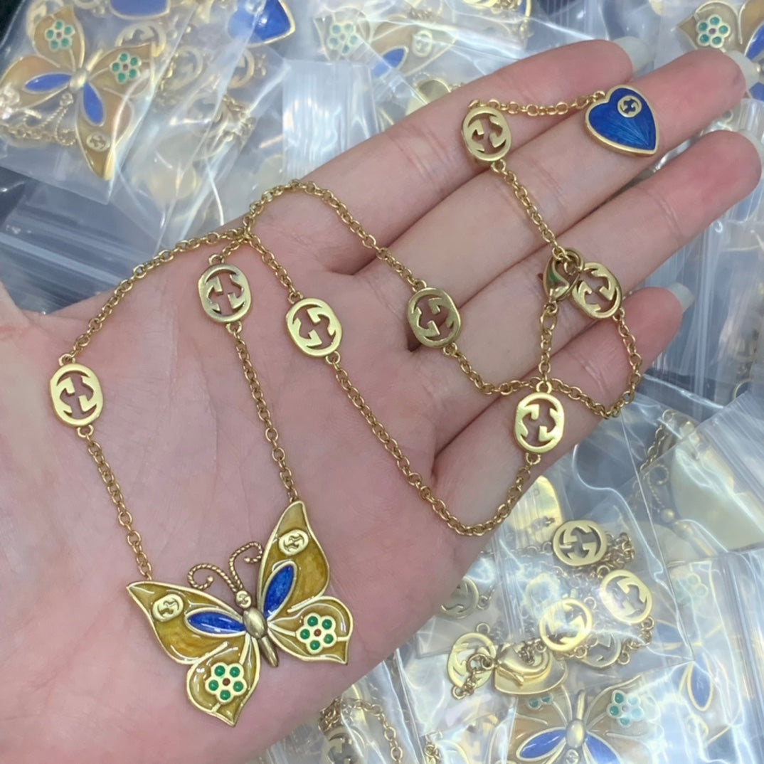 Vintage Cloisonné Butterfly Logo Chain Full Jewelry Set