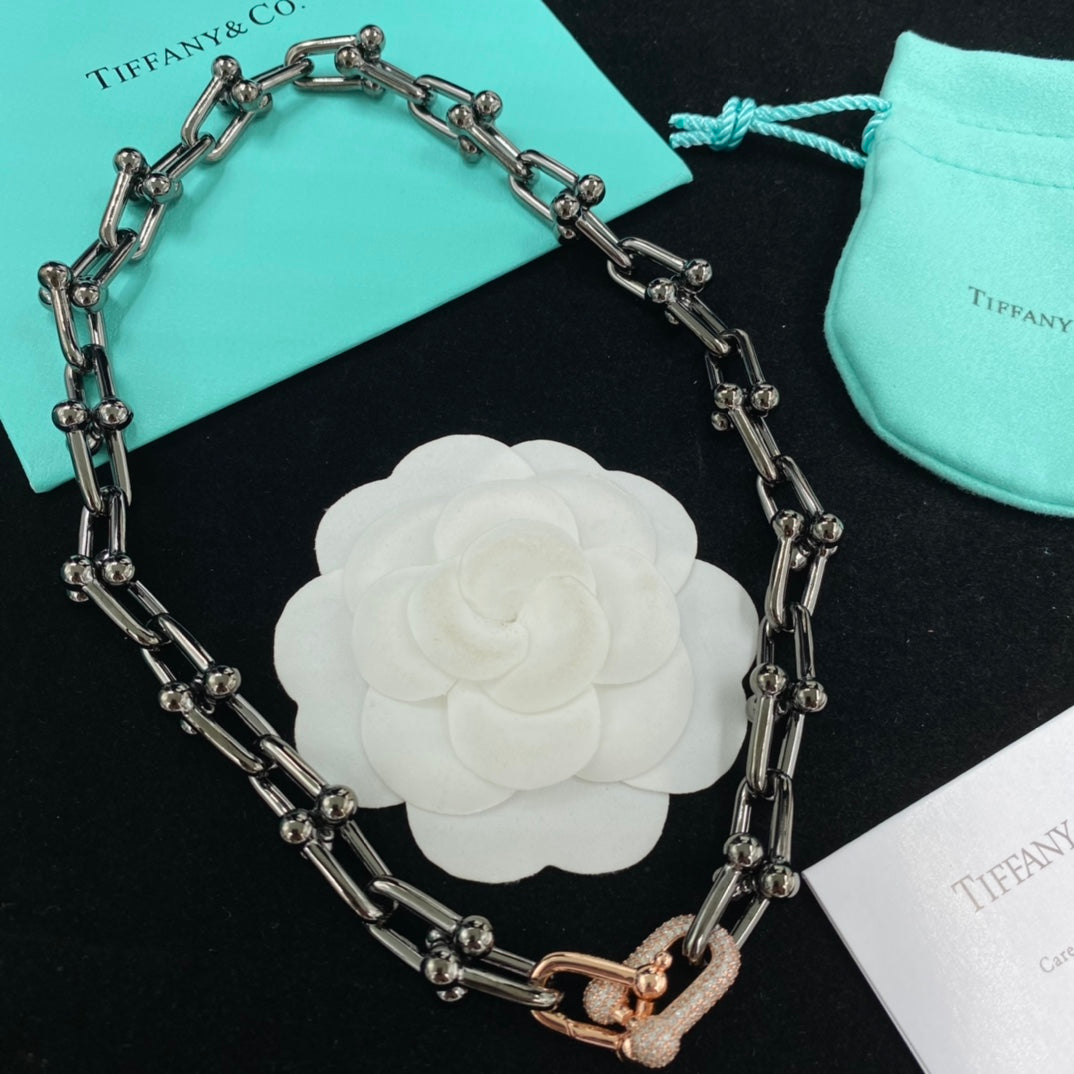Gunmetal & Rose Gold Pavé U-Clasp Ball Stud Link Chain Jewelry Set – Necklace, Bracelet & Earrings