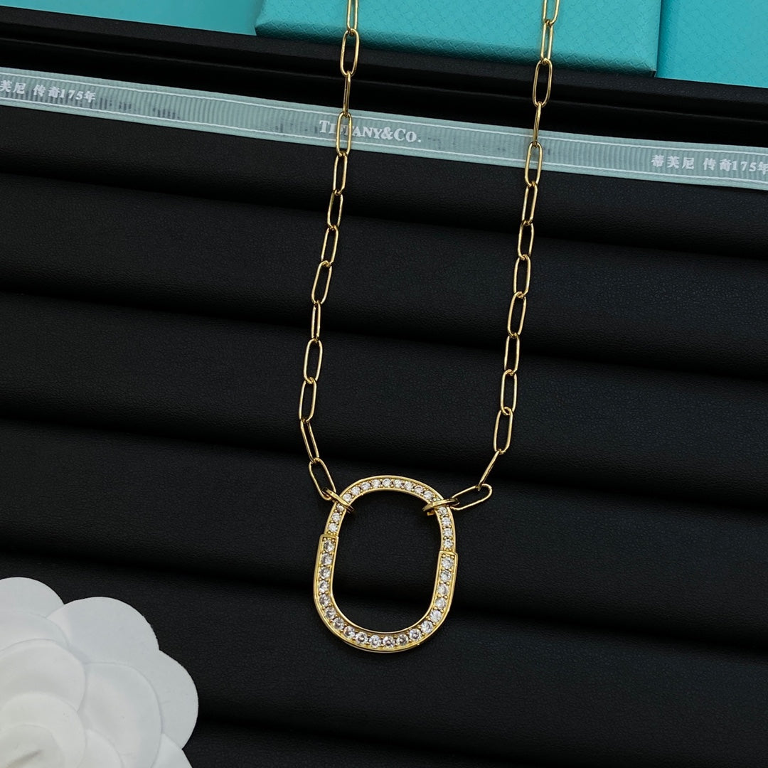 Pavé Crystal Open Square Oval Pendant Paperclip Chain Necklace – 4 Colors