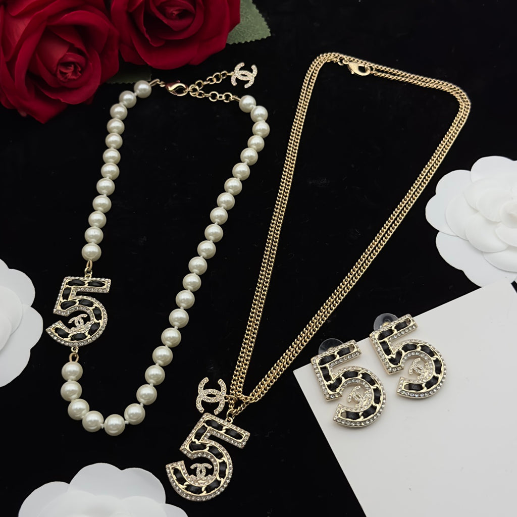 Oversized Crystal & Black Cutout Number '5' Pendant Jewelry Set
