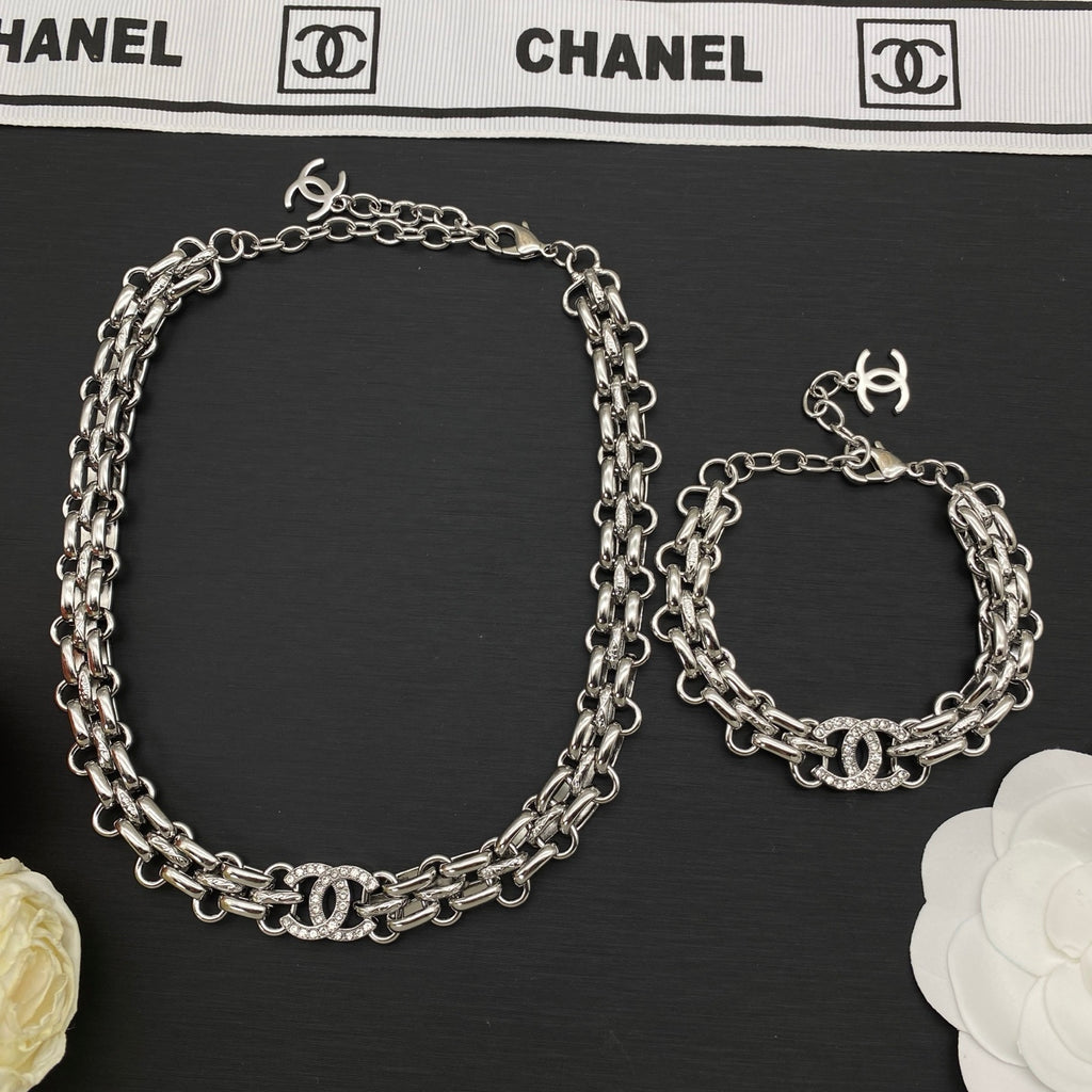 Triple-Row Chain Link Necklace & Bracelet Set | Crystal Logo