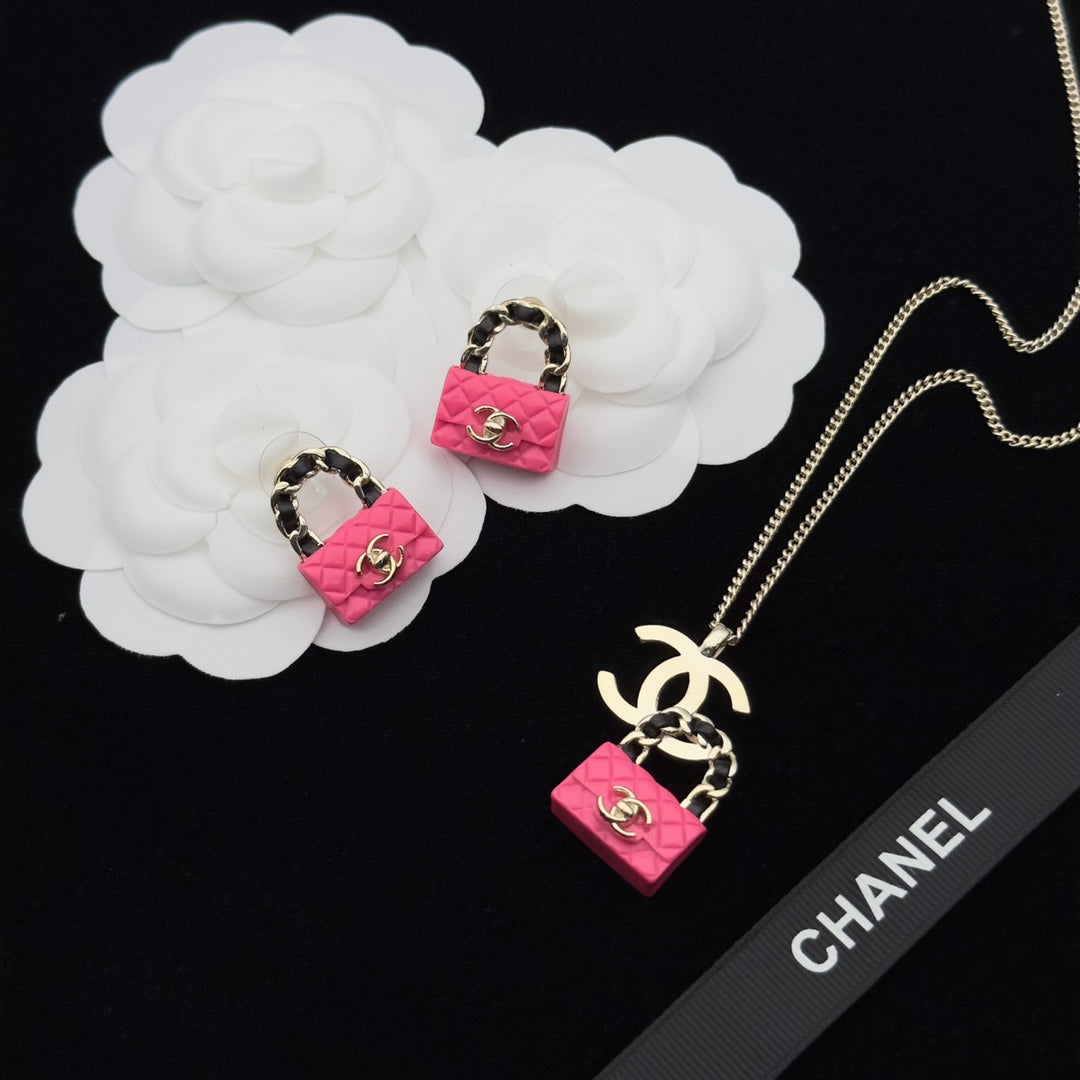 Quilted Mini Bag Charm Necklace & Earrings Set
