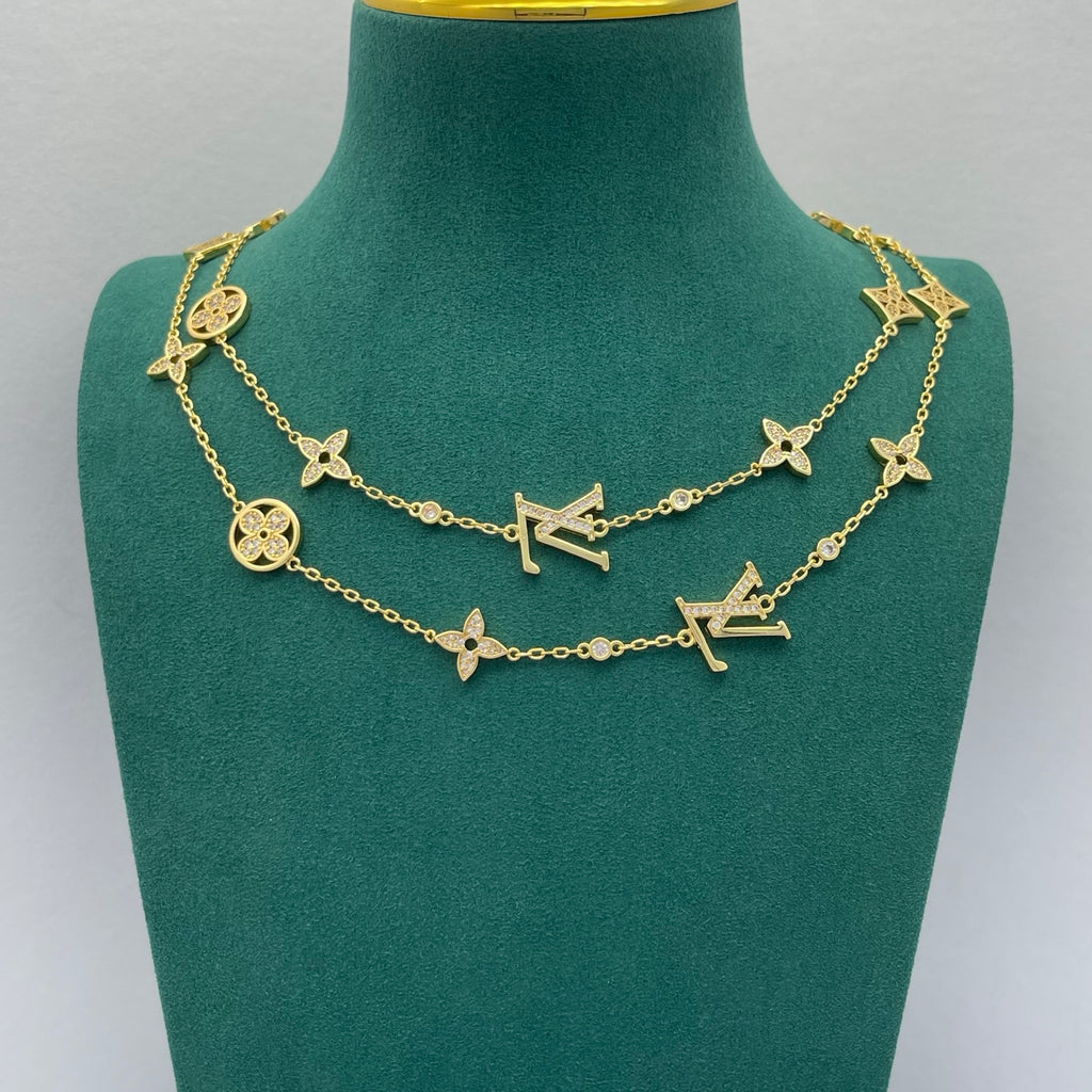 Floral Motif Multi-Charm Long Station Necklace