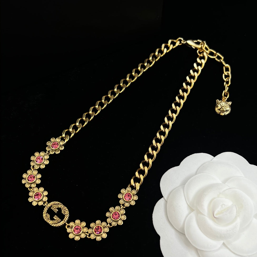 Pink Crystal Daisy Logo Cuban Chain Jewelry Set