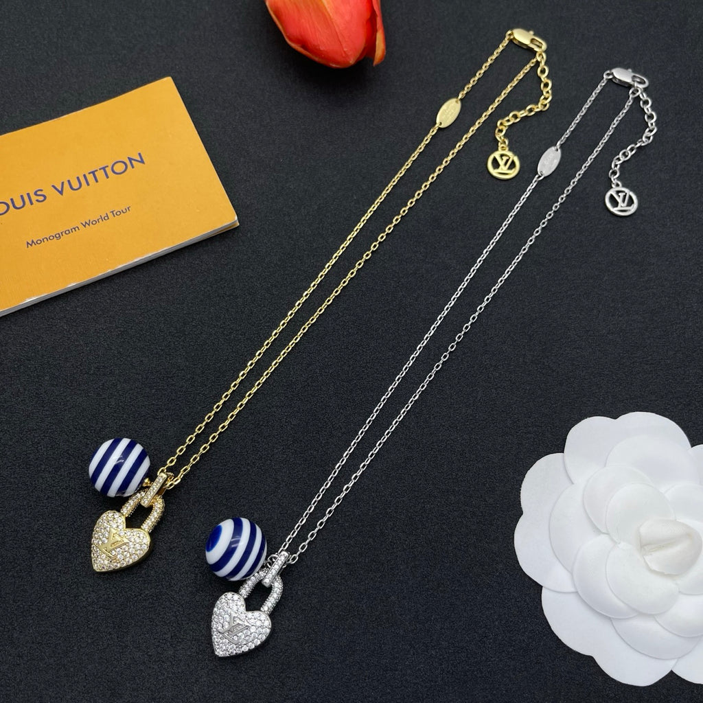 Crystal Heart Lock & Striped Ceramic Bead Charm Necklace