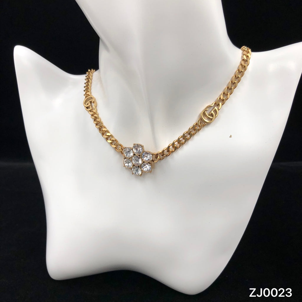 Gold Cuban Link Crystal Flower Logo Jewelry Set