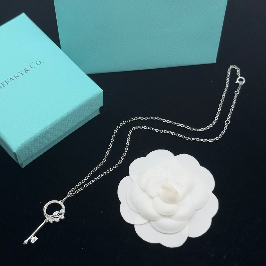 Crystal Circle Olive Leaf Key Pendant Necklace – Gold, Silver & Rose Gold