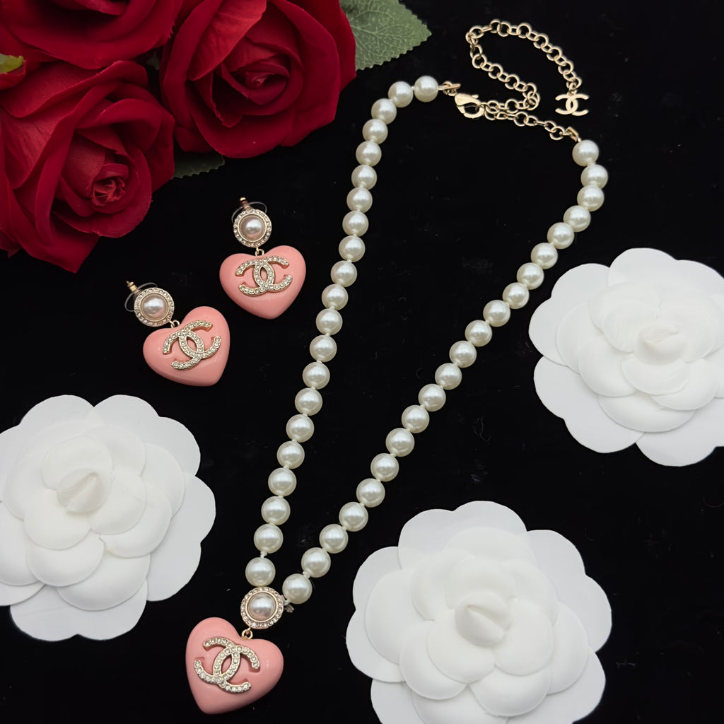 Pink Heart & Pearl Beaded Necklace and Drop Earring Set