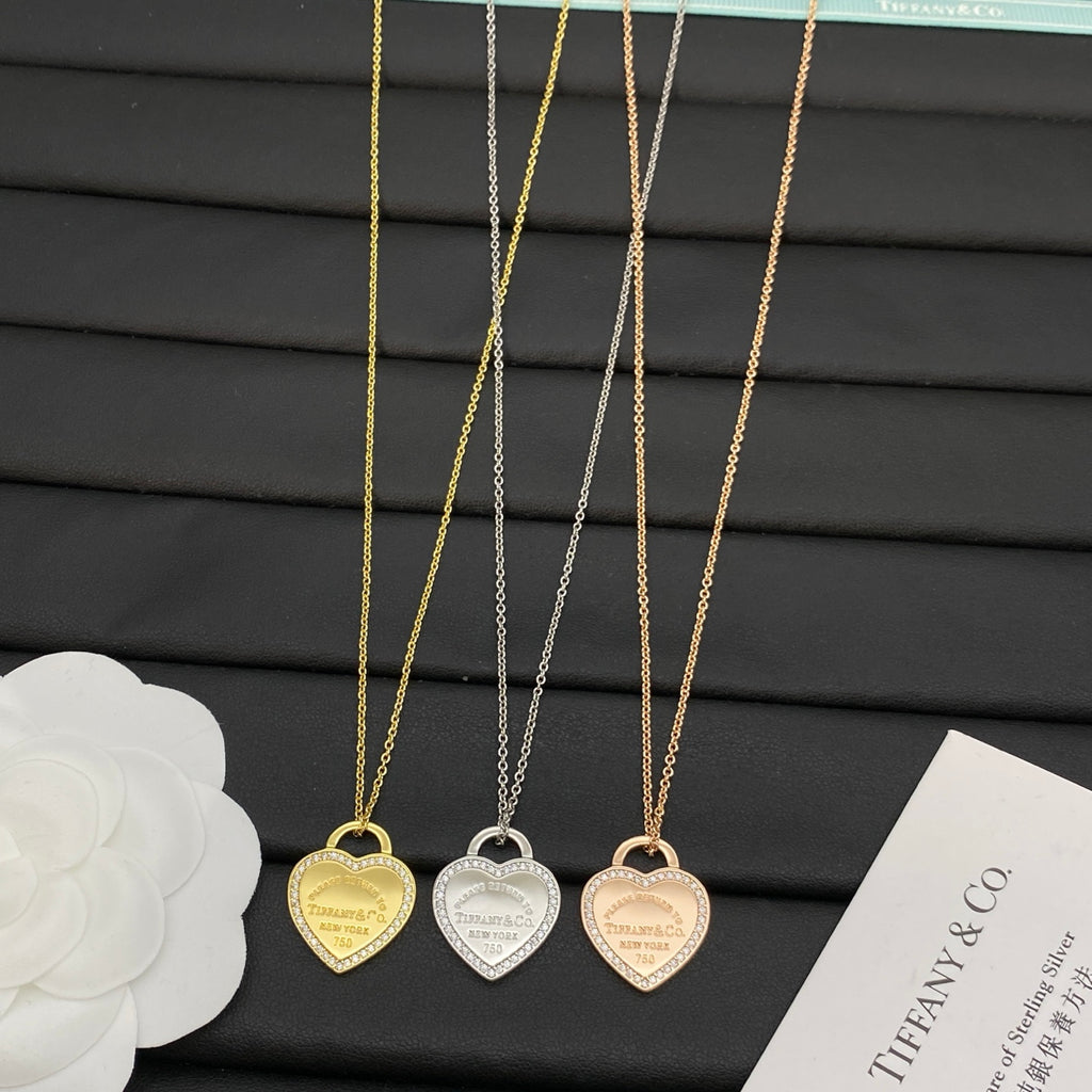 Crystal-Rimmed Heart Charm Necklace – Gold / Silver / Rose Gold