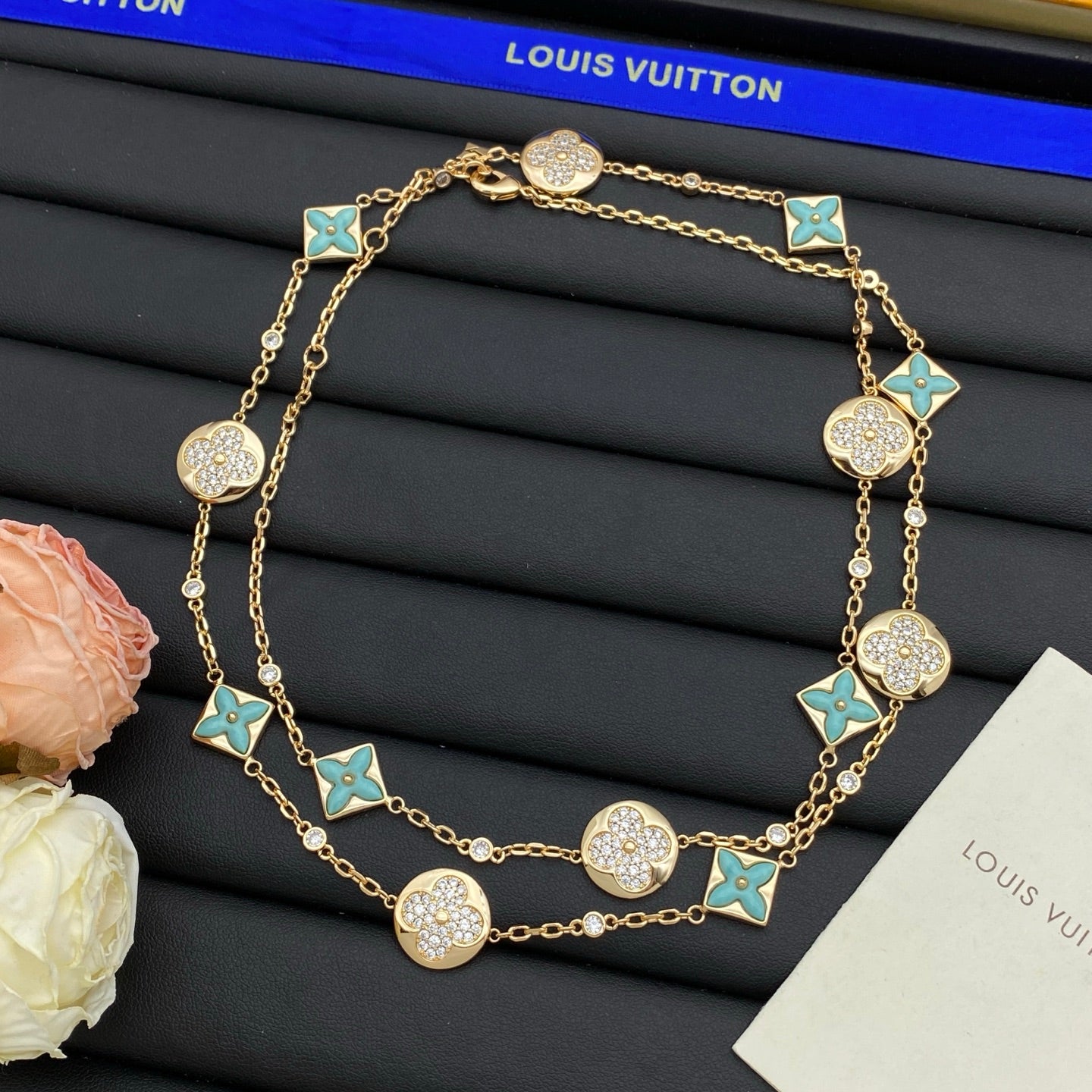 Turquoise Enamel Four-Petal & Pavé Coin Double Layer Long Station Necklace