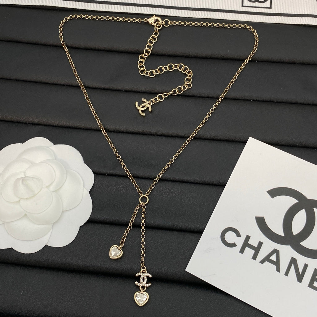 Double Heart & Crystal Logo Charm Lariat Necklace | Bezel Heart Drop | Gold & Silver Tone