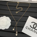 Double Heart & Crystal Logo Charm Lariat Necklace | Bezel Heart Drop | Gold & Silver Tone