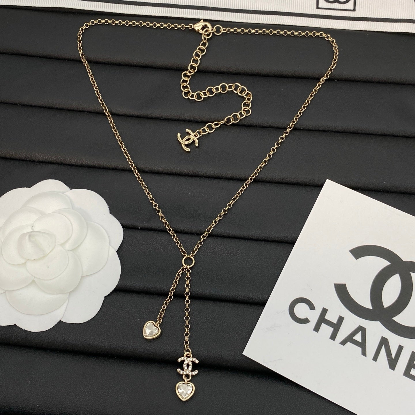 Double Heart & Crystal Logo Charm Lariat Necklace | Bezel Heart Drop | Gold & Silver Tone