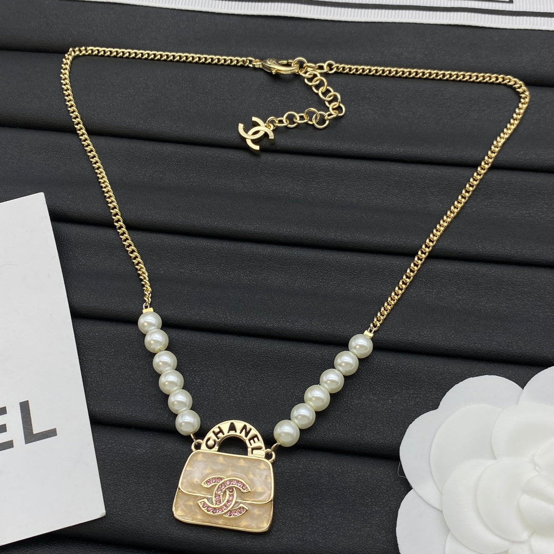Mini Handbag CC Crystal Charm Pearl & Curb Chain Necklace – Gold & Silver