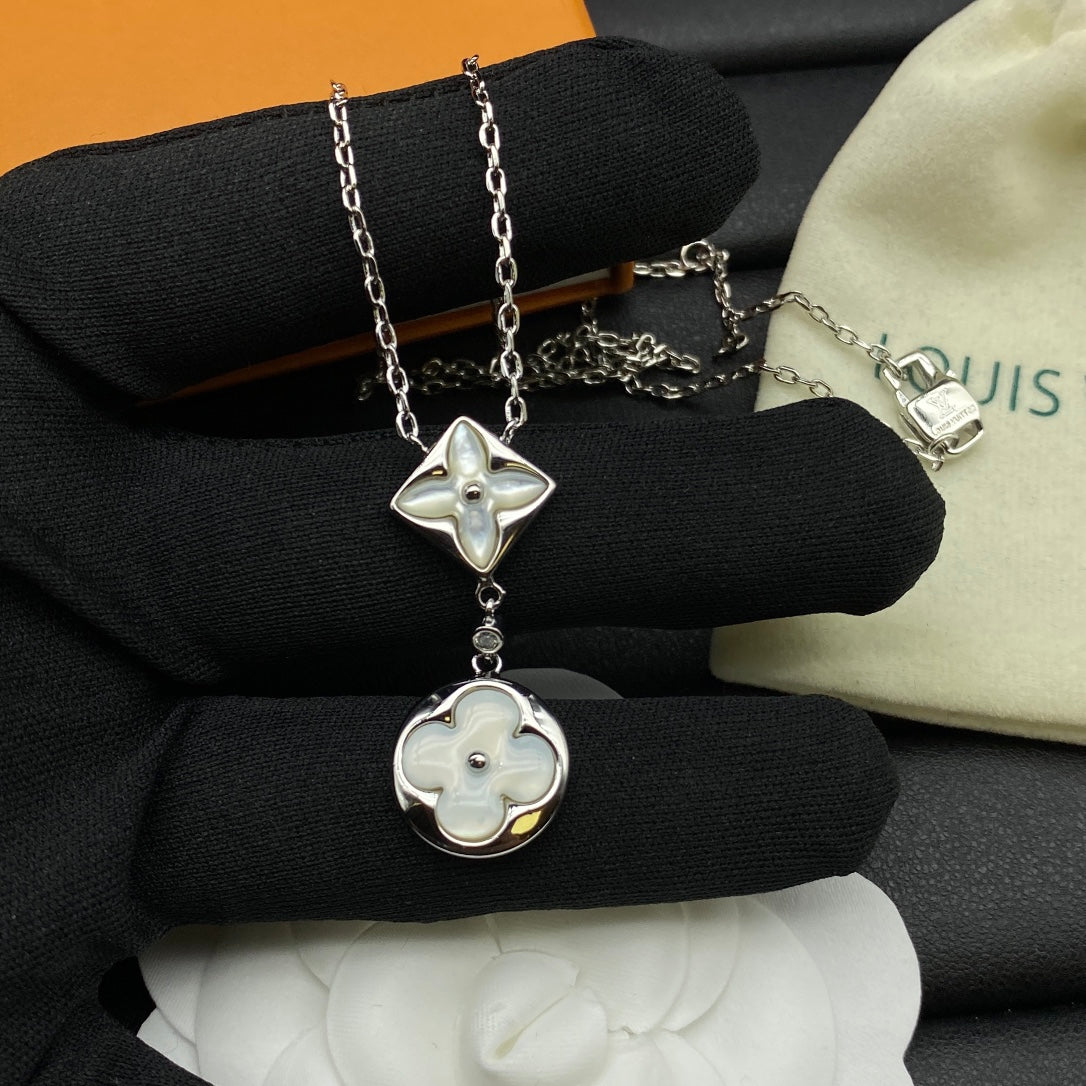 Mother of Pearl Shell Diamond & Round Double Drop Pendant Necklace