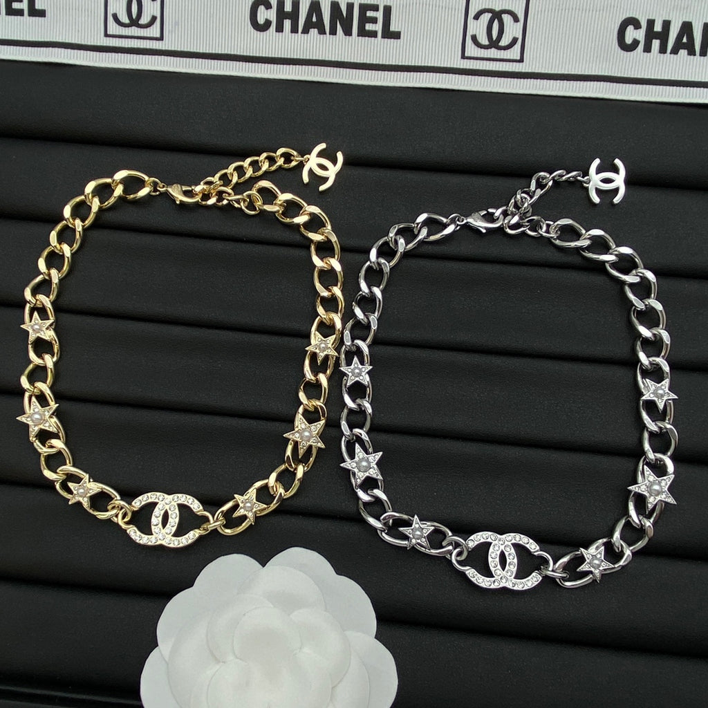 CC Pavé & Pearl Star Chunky Curb Chain Choker Necklace – Gold & Silver