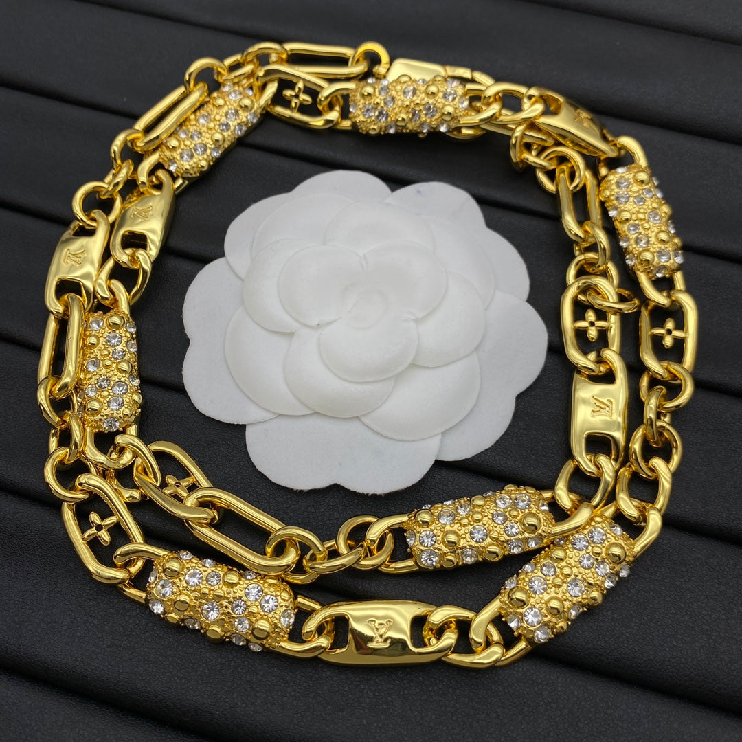 Pavé Bar & Engraved Flower Link Chain Necklace
