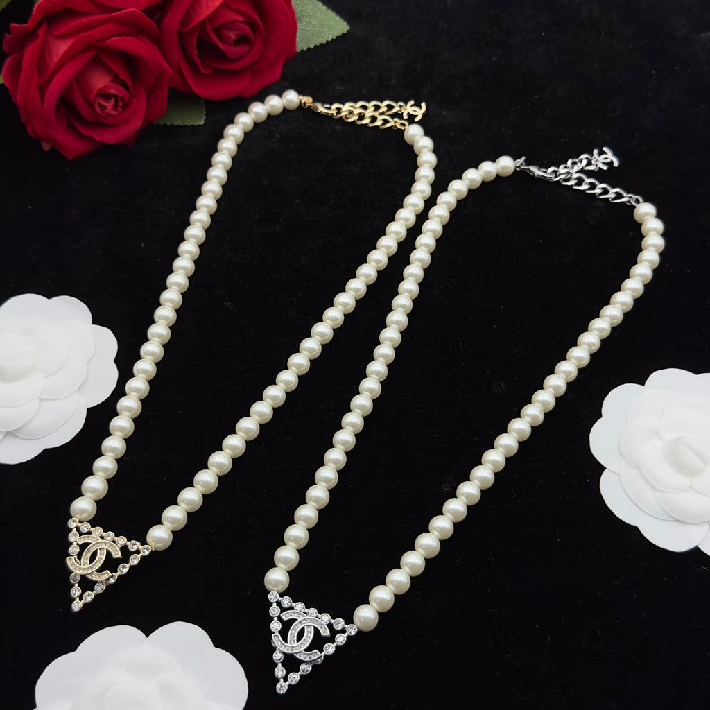 Crystal Triangle Pendant Faux Pearl Strand Necklace