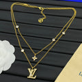 Princess Cut CZ Station & Four-Petal Flower Double Layer Long Necklace