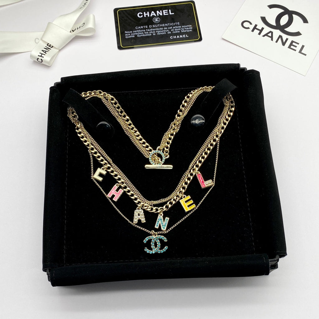 Colorful Enamel Letter Charm Layered Chain Jewelry Set
