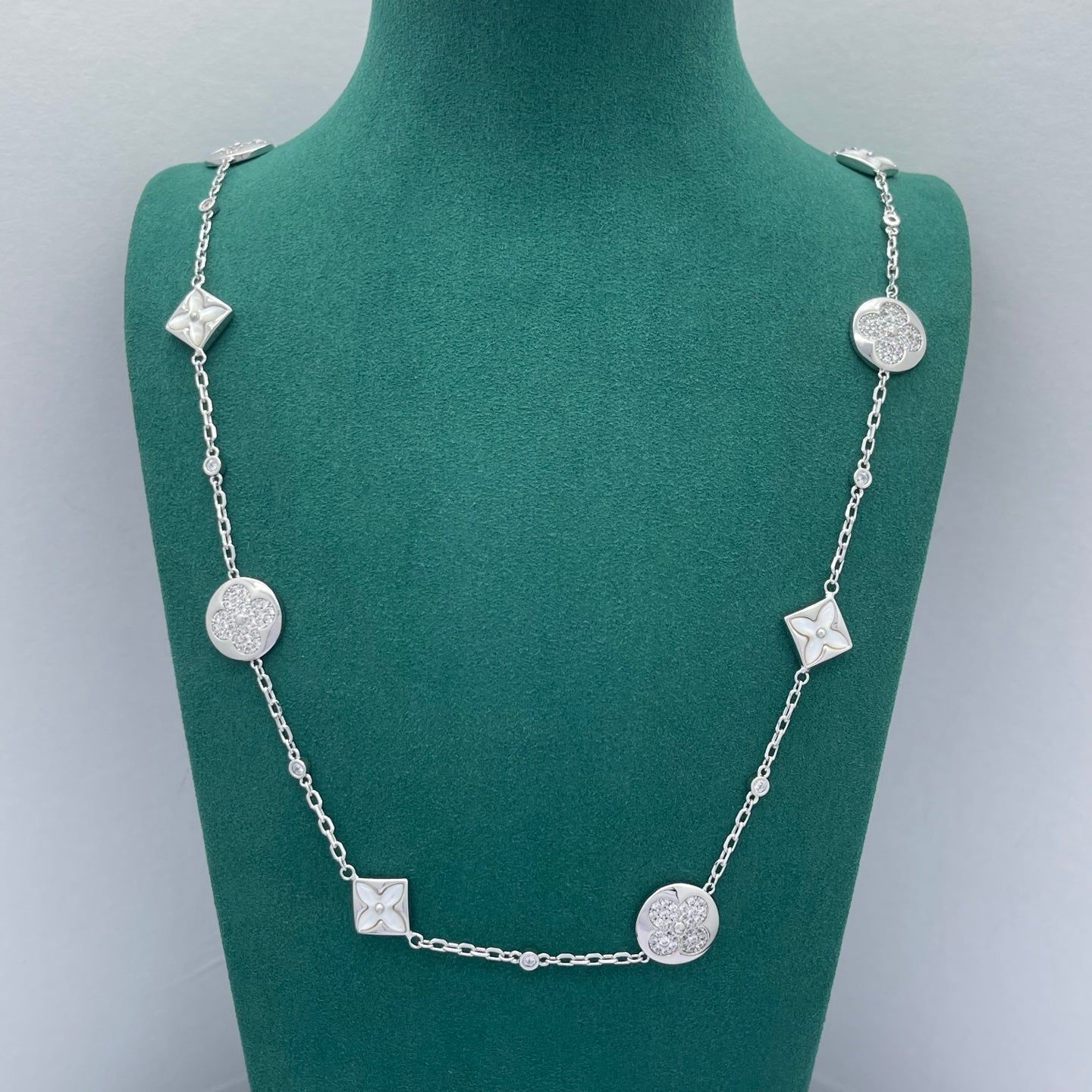 Pavé Disc & Mother of Pearl Floral Long Station Necklace