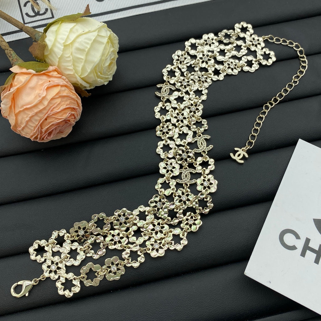 Gold Camellia Flower Link Chain Necklace & Bracelet Set