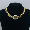 Gold Cuban Link Pearl Square Logo Jewelry Set