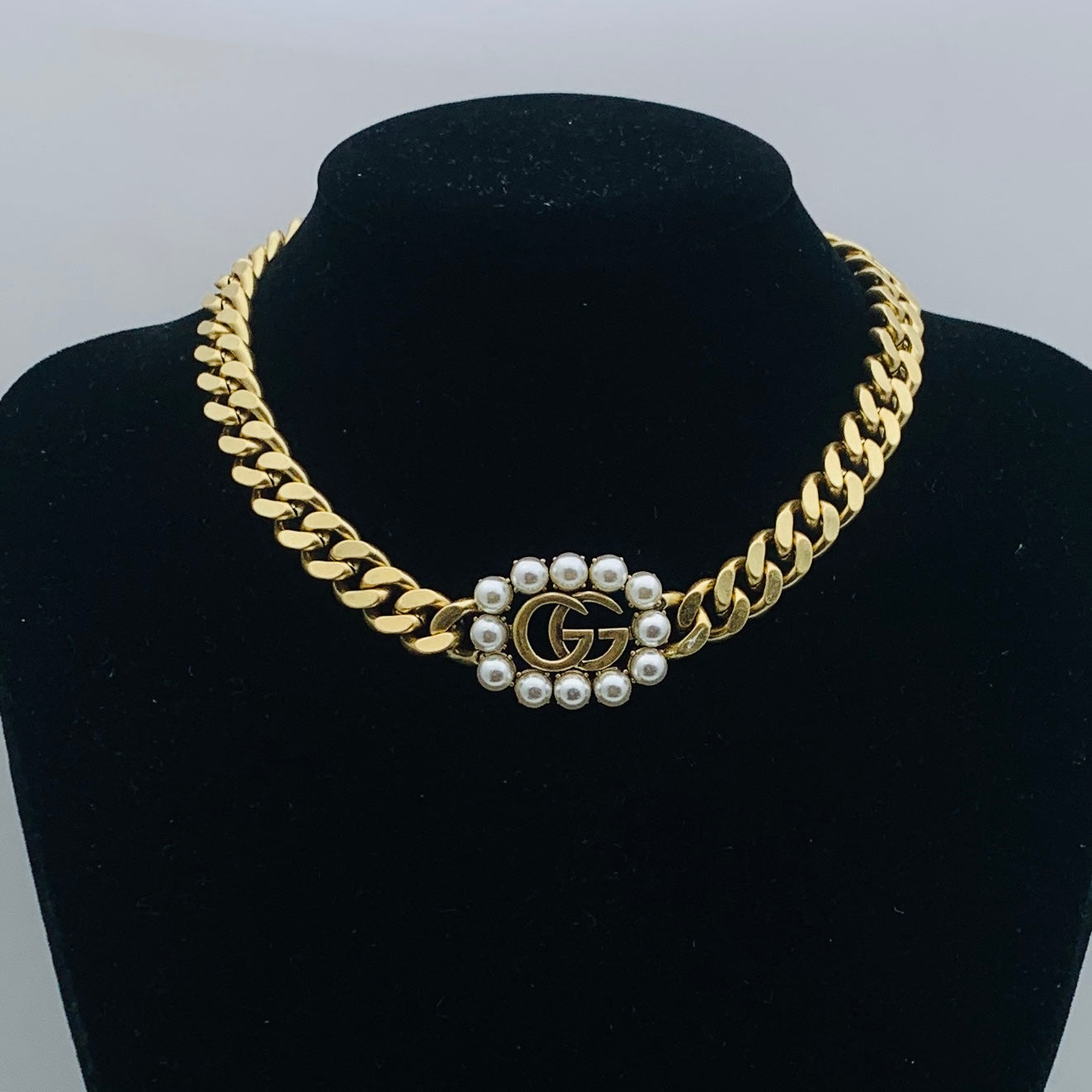 Gold Cuban Link Pearl Square Logo Jewelry Set