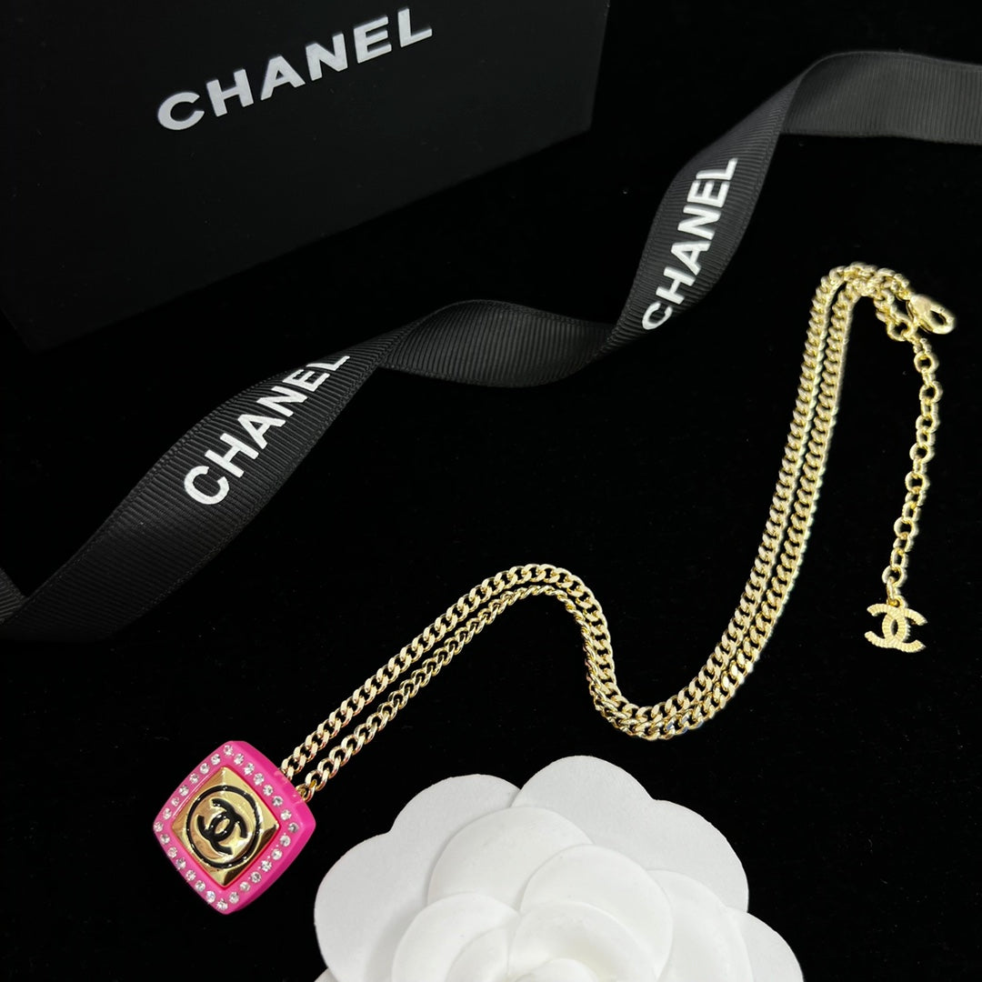Colorful Enamel Square Crystal Pendant Necklace
