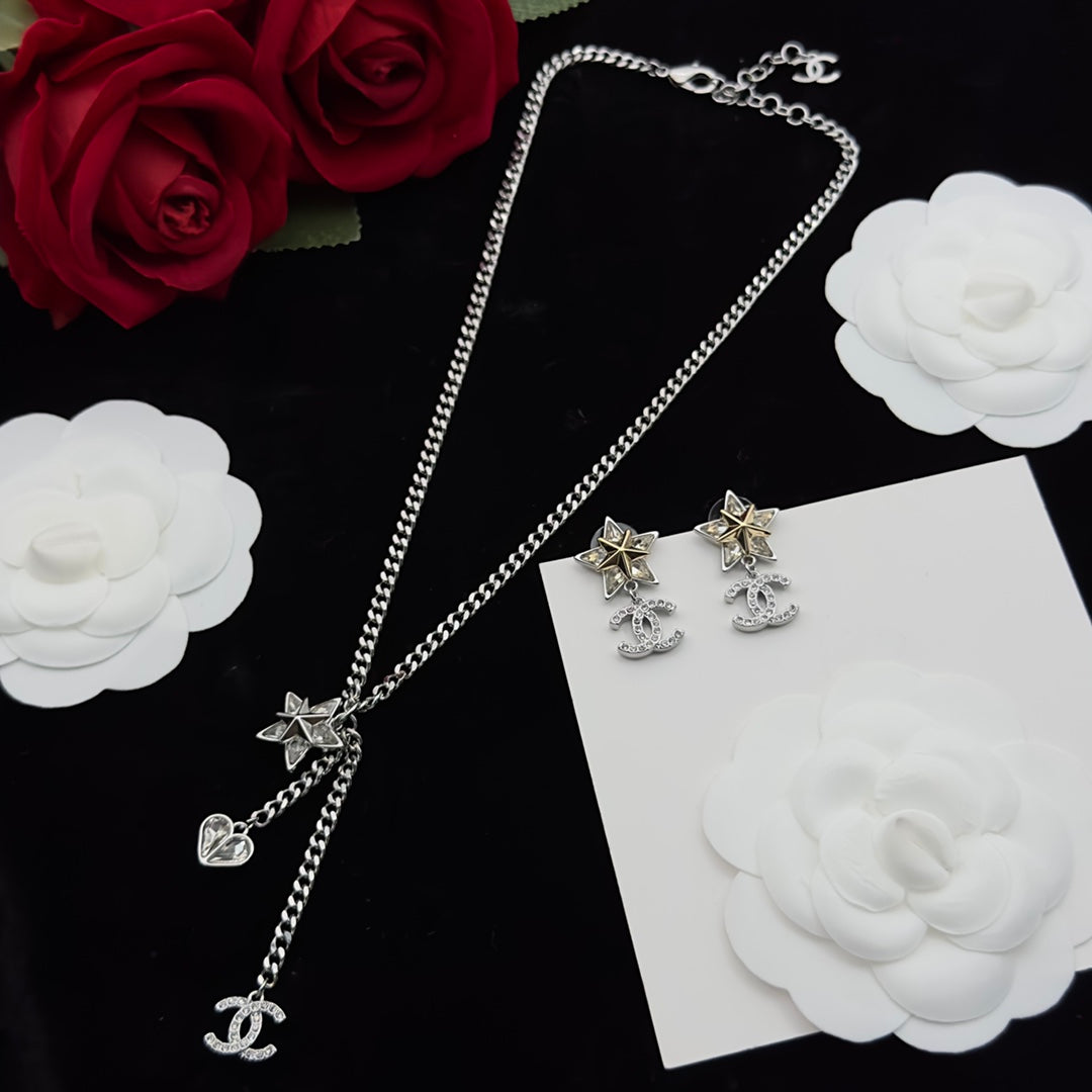 Crystal Star & Heart Lariat Necklace with Matching Drop Earrings