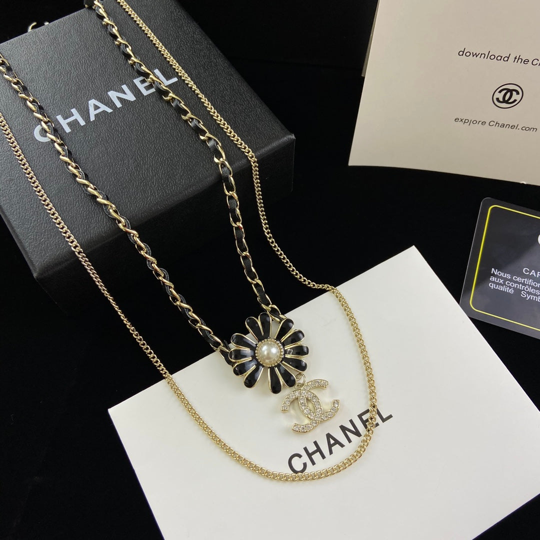 Black Enamel Daisy Flower & Pearl Center Layered Necklace and Drop Earring Set