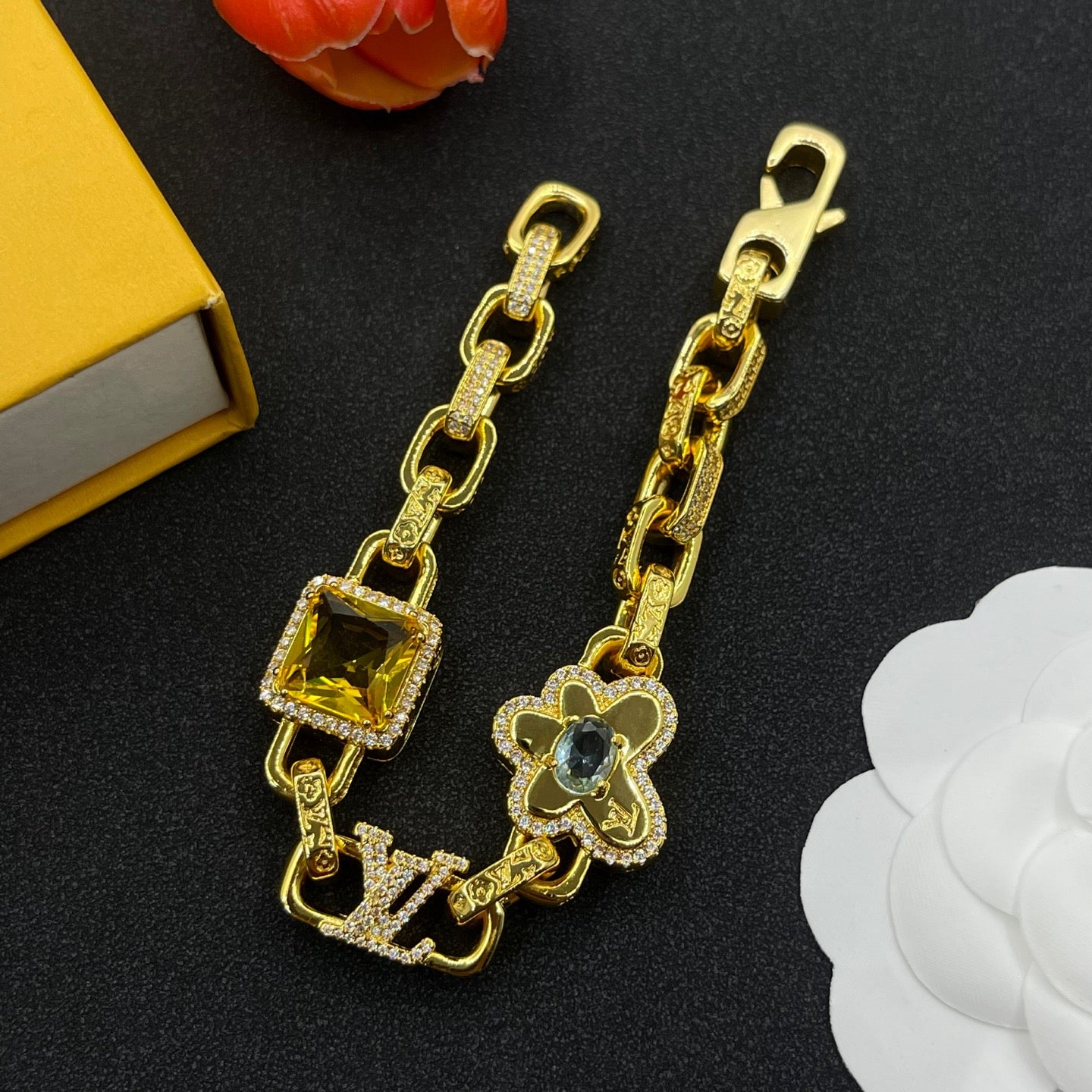 Multicolor Gemstone Pavé Link Necklace & Bracelet Set