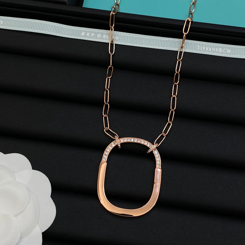 Half Pavé Half Polished Rounded Square Open Pendant Paperclip Chain Necklace – Gold, Rose Gold & Silver