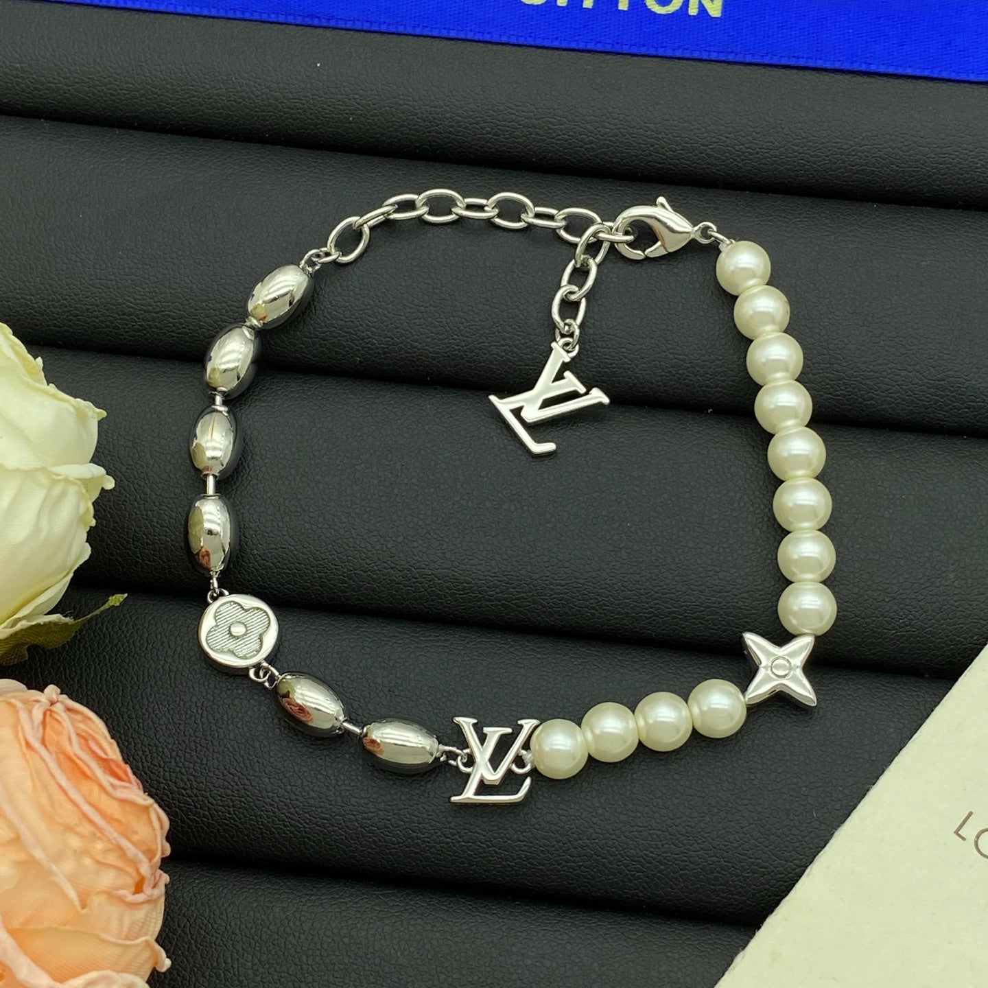 Faux Pearl & Oval Bead Star Flower Charm Necklace & Bracelet Set
